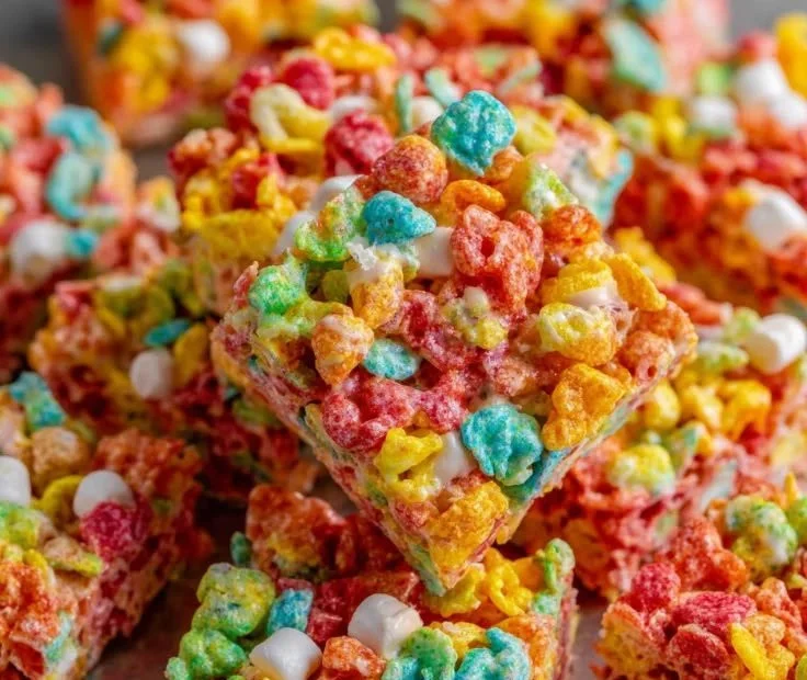 Colorful Fruity Pebbles Rice Krispie Treats stacked on a plate