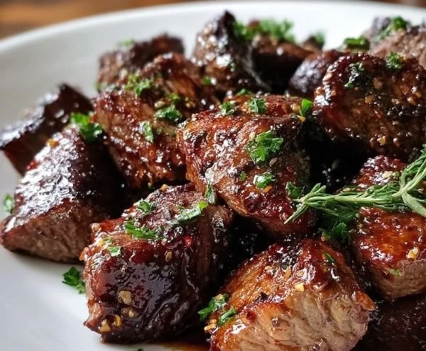 Delicious Garlic Balsamic Steak Bites ready to serve on a plate.