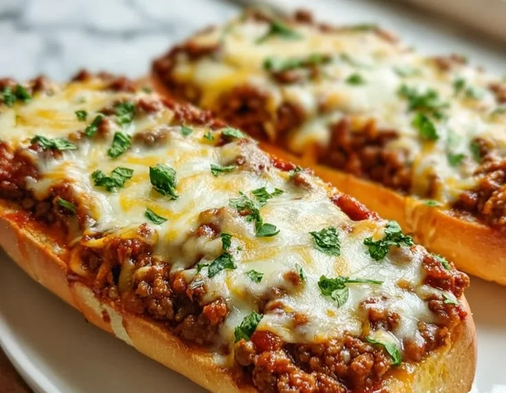Garlic bread served with cheesy beef sloppy joes on a plate.