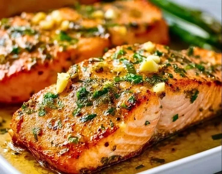 Plate of garlic butter baked salmon garnished with herbs