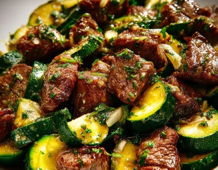 Garlic Butter Steak Bites with Zucchini served on a plate