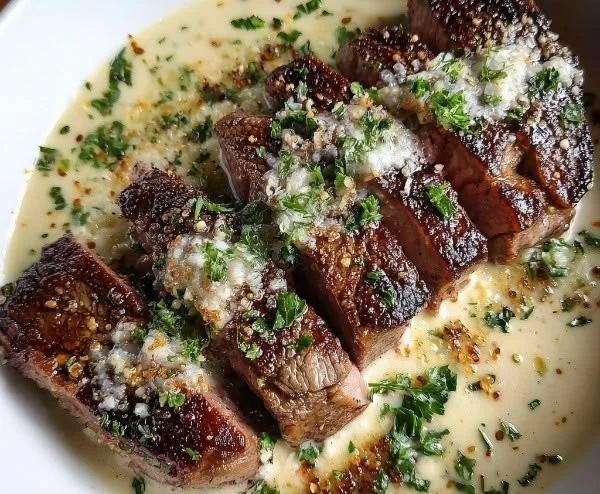 Delicious Garlic Butter Steak served in creamy Parmesan sauce