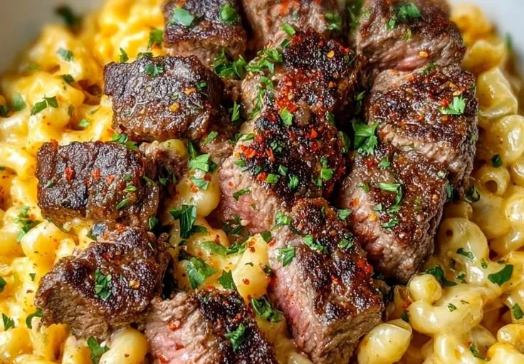 Delicious Garlic Butter Steak Mac & Cheese topped with herbs and spices