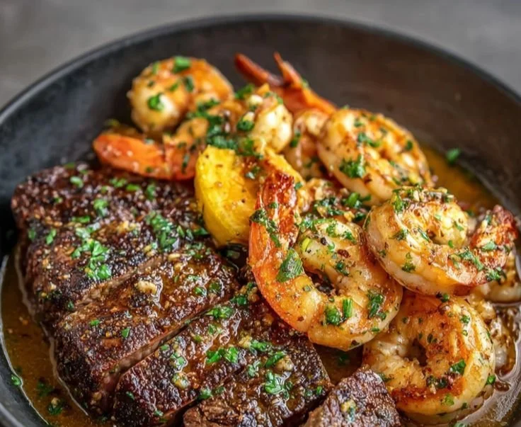 Garlic Butter Steak Shrimp served on a plate, showcasing juicy steak and shrimp