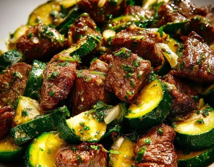 Garlic buttered steak bites served with zucchini on a plate