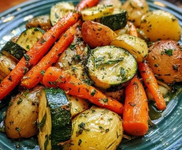 Garlic Herb Roasted Potatoes with carrots and zucchini on a serving platter