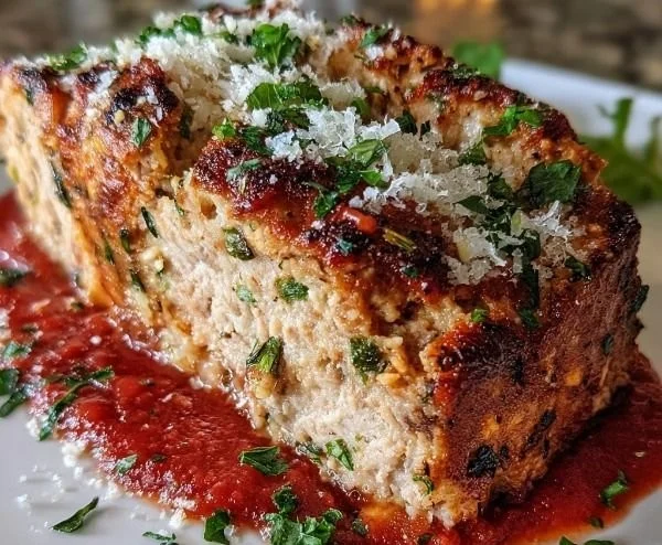 Delicious Garlic Parmesan Chicken Meatloaf served on a plate with herbs.
