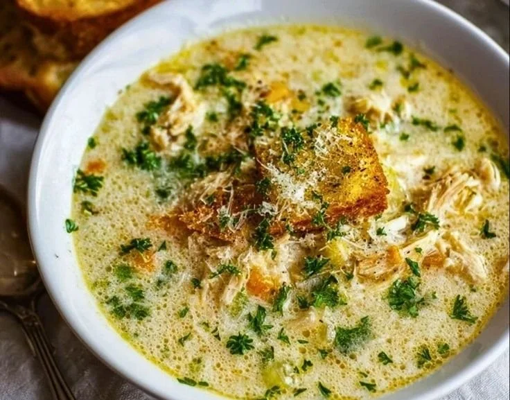 A bowl of Garlic Parmesan Chicken Soup garnished with herbs and cheese.