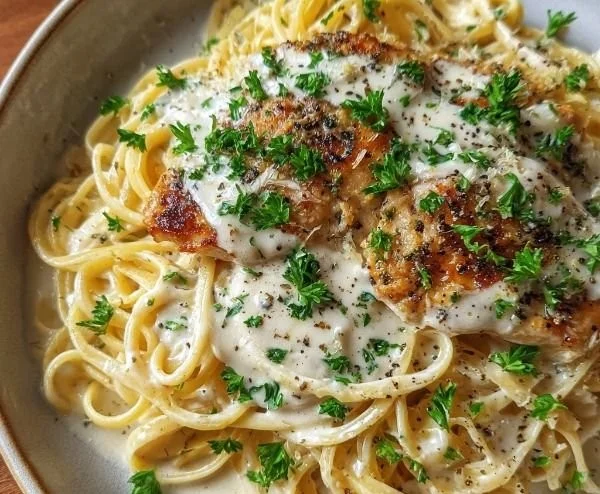A creamy Garlic Parmesan Sauce drizzled over pasta and garnished with herbs.