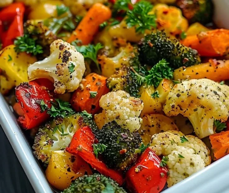 Delicious garlic roasted vegetables on a rustic wooden table.