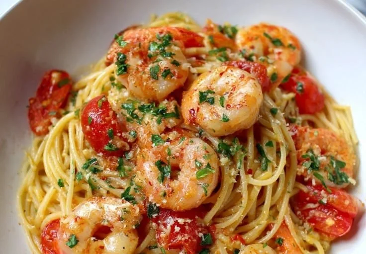 Plate of Garlic Tomato Shrimp Spaghetti with fresh ingredients