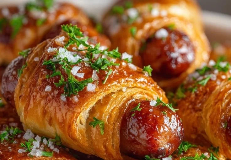 Delicious glazed pigs in a blanket served on a platter