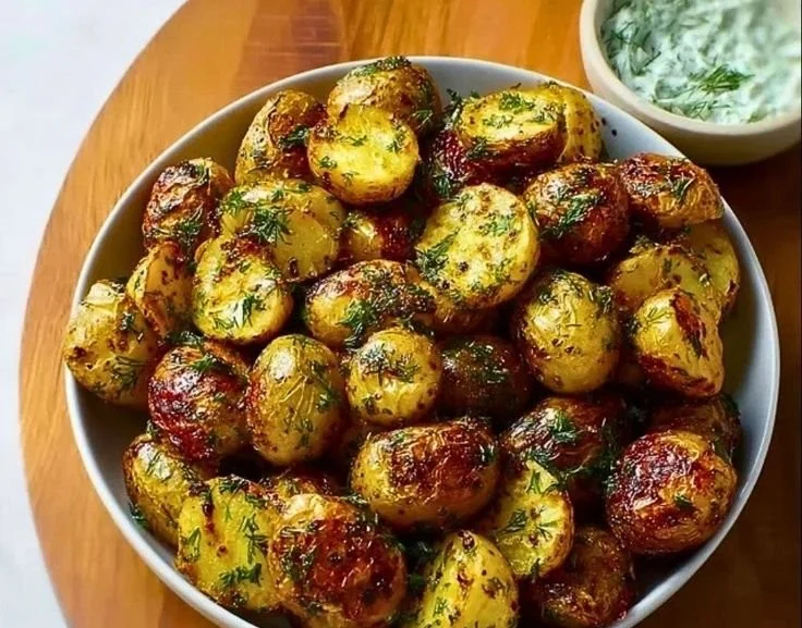 Golden herb roasted baby potatoes in a serving dish