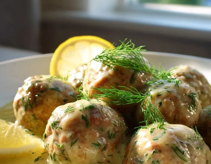 Greek beef meatballs in tangy lemon sauce served on a plate
