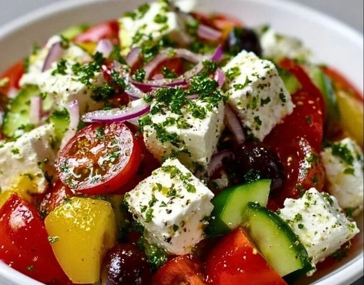 Bowl of Greek Cottage Cheese Salad with vegetables and olives