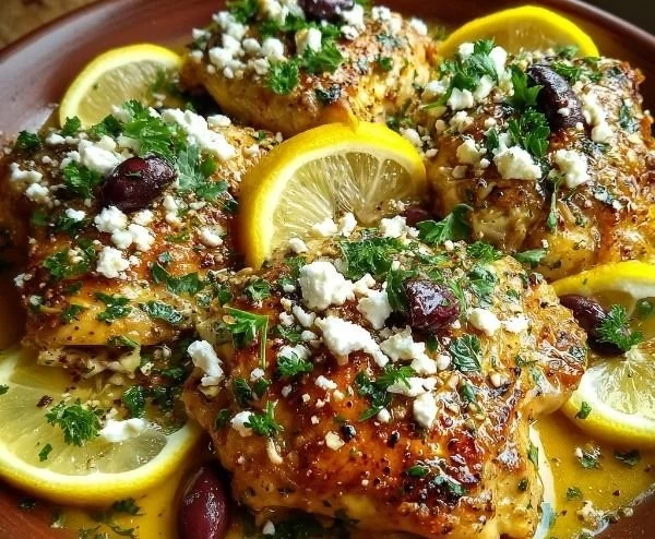 Delicious Greek Lemon Chicken topped with Feta cheese and fresh herbs.