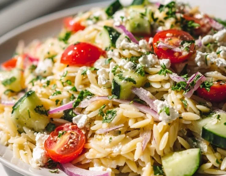 Greek Orzo Pasta Salad with vibrant vegetables and lemon dressing