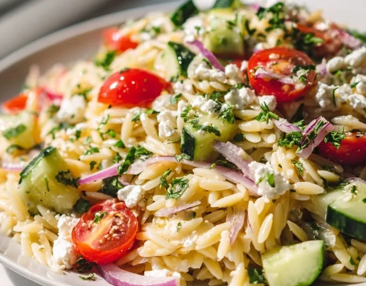 Greek Orzo Pasta Salad with Lemon Dressing in a bowl