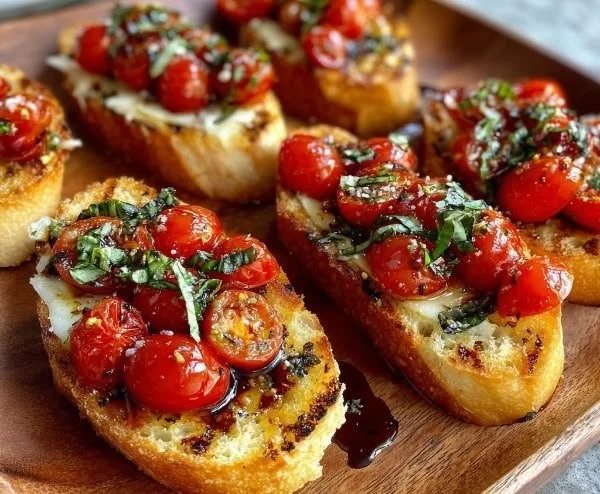 Grilled Tuscan garlic bruschetta served on a wooden platter