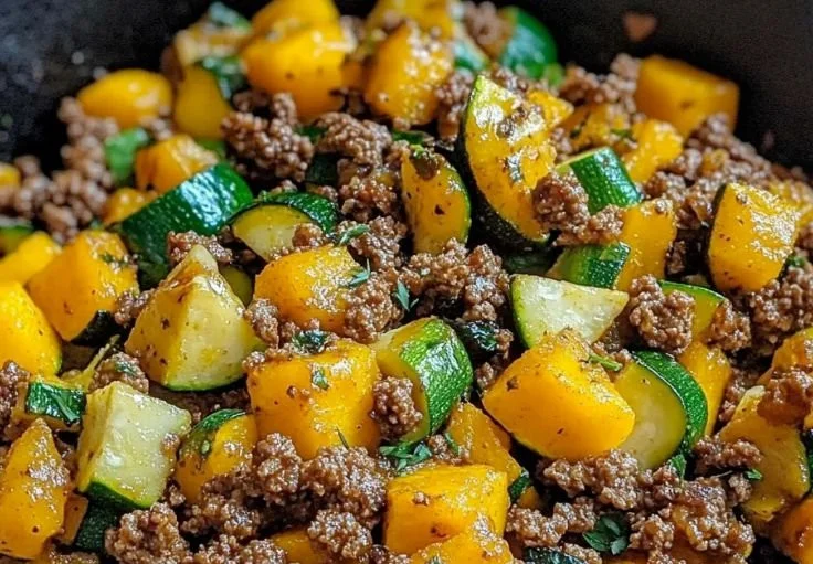 Ground beef and zucchini skillet with sweet potatoes in a pan