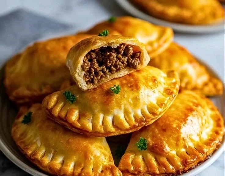 Homemade ground beef hand pies fresh out of the oven, golden and flaky.
