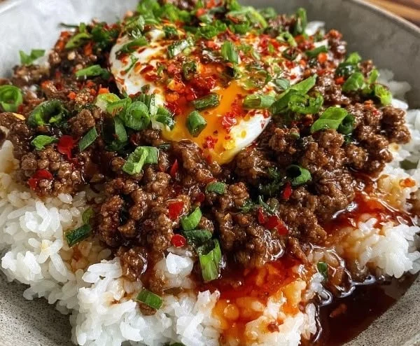 Ground Beef Hot Honey Bowl served in a colorful dish with fresh ingredients