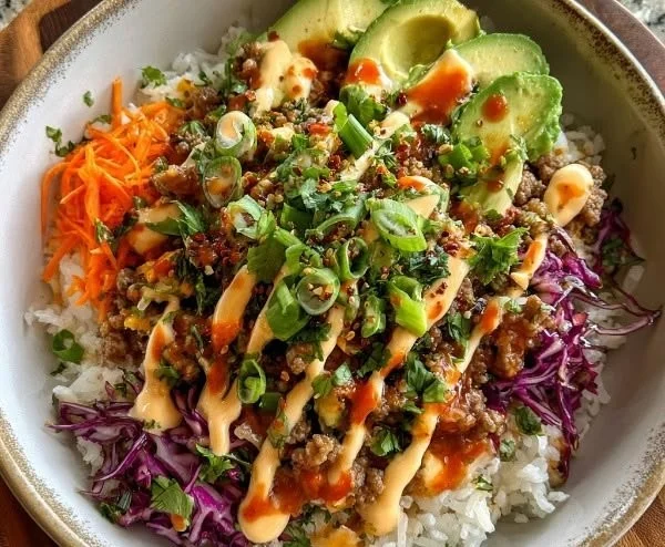 Ground turkey rice bowls with Bang Bang sauce for a healthy meal