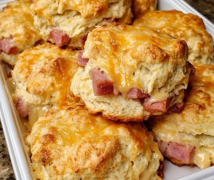 Delicious ham and cheese biscuits served on a plate
