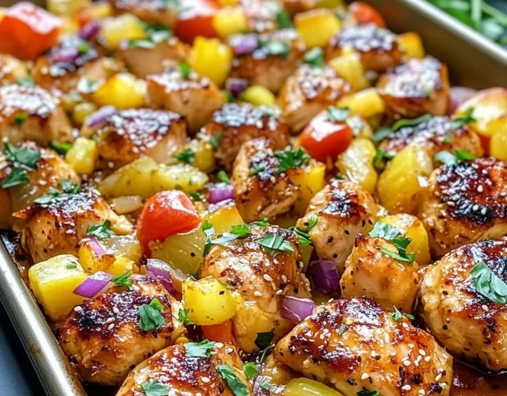 Hawaiian Chicken Sheet Pan Dinner with colorful veggies and pineapple