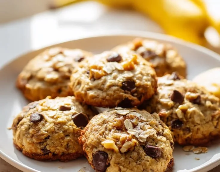 Healthy banana oat cookies on a plate with ingredients in the background