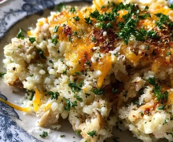 Healthy chicken and cauliflower rice casserole dish served in a baking dish