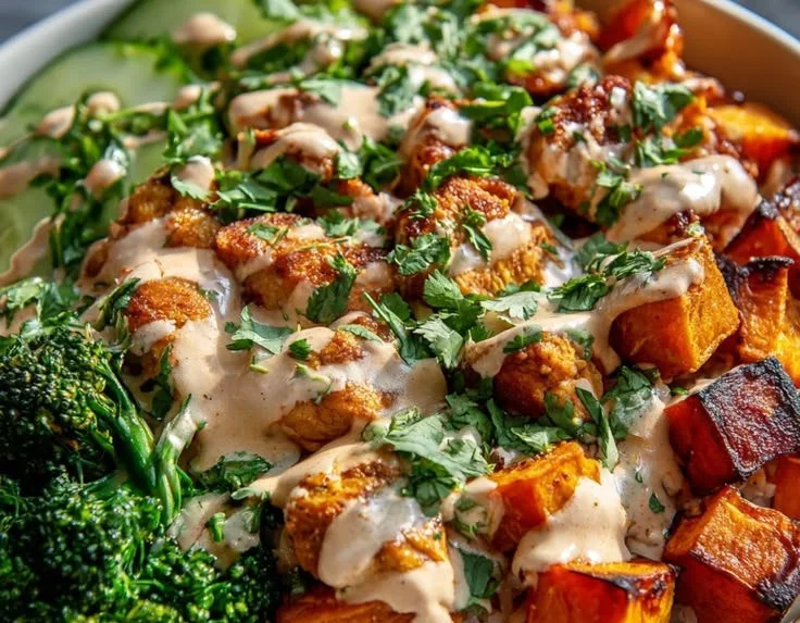 Healthy chicken sweet potato bowls topped with greens and spices