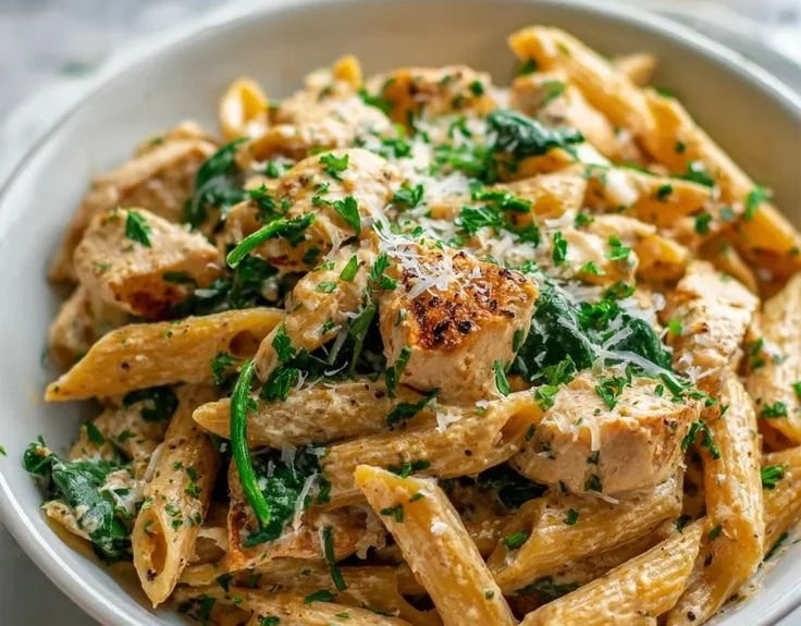Healthy garlic parmesan chicken pasta served in a bowl