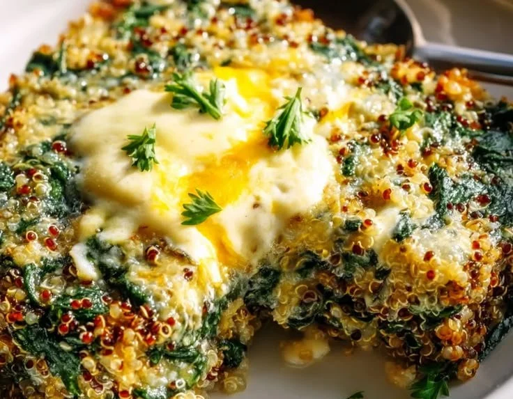 Healthy quinoa lentil spinach bake in a ceramic dish, garnished with fresh herbs.
