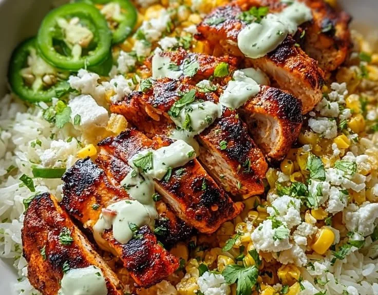 Healthy street corn chicken rice bowl topped with grilled chicken and fresh vegetables.