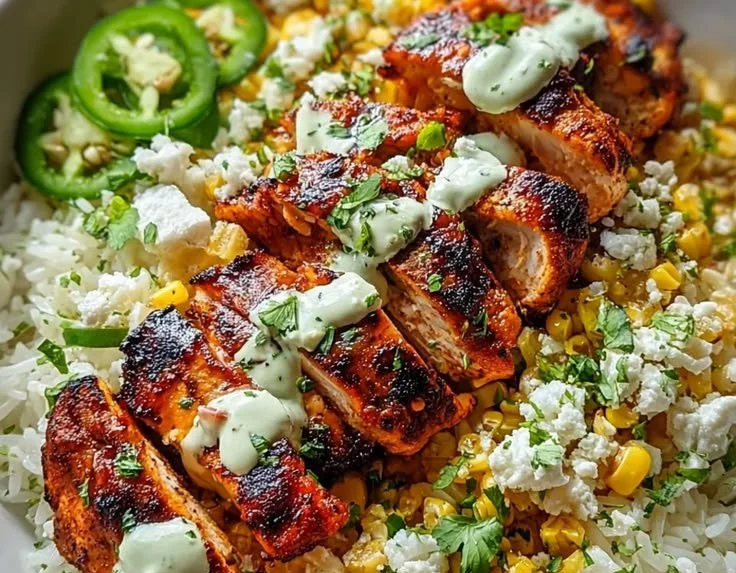Healthy street corn chicken rice bowl recipe for a nutritious dinner