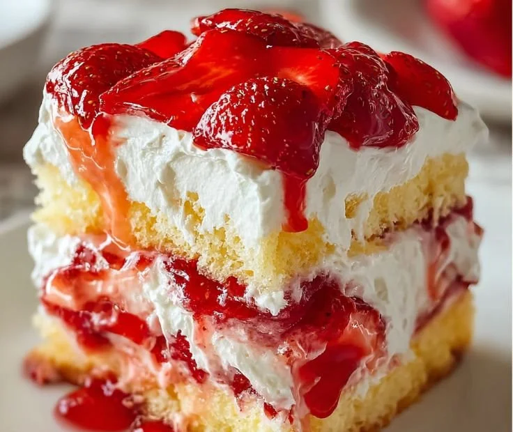 Delicious Heaven on Earth Cake topped with whipped cream and cherries