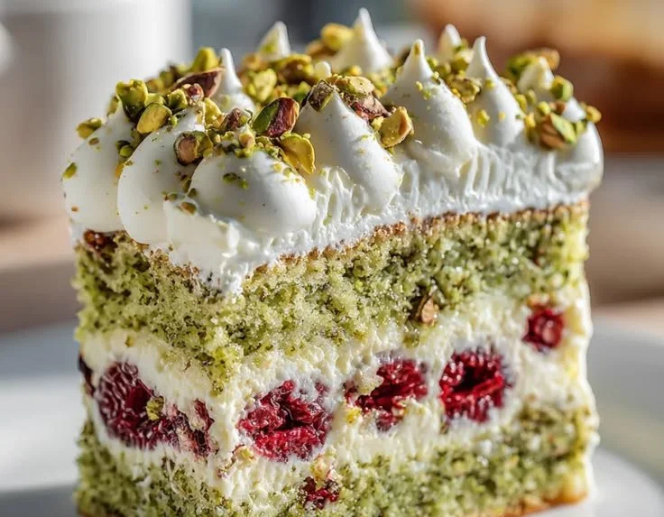 Heavenly pistachio raspberry cake decorated with fresh raspberries and crushed pistachios.
