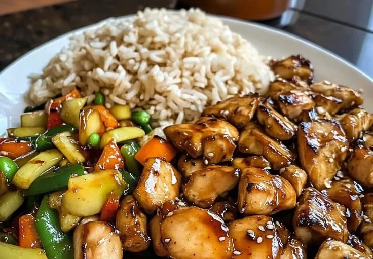 Delicious Hibachi Chicken cooked on a Blackstone Grill in a backyard setting.
