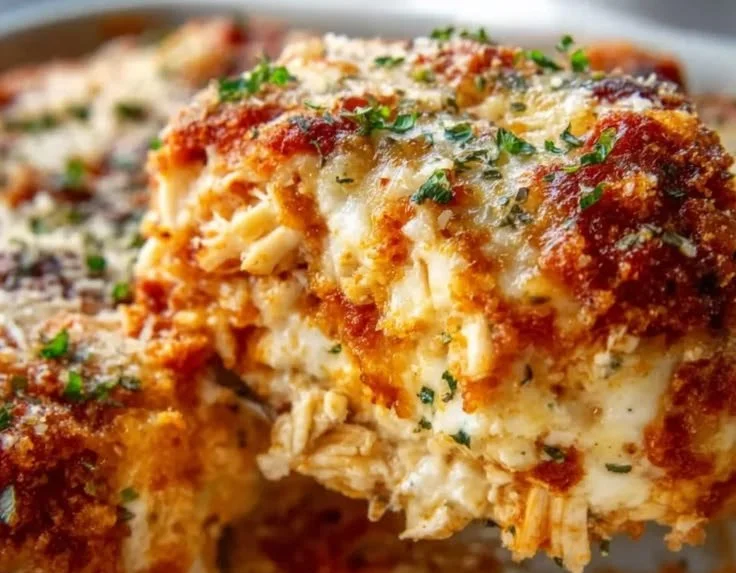High-protein chicken parmesan casserole topped with melted cheese and fresh herbs