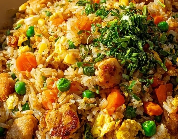 Delicious high-protein crispy garlic chicken fried rice served in a bowl