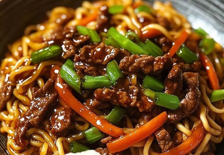 Bowl of Hoisin Beef Noodles topped with fresh herbs and vegetables