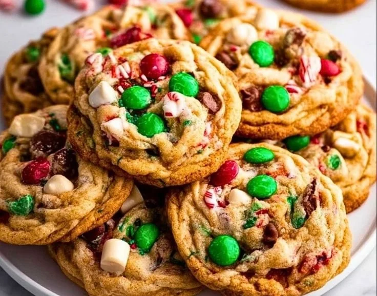 Delicious Holiday Kitchen Sink Cookies with various chocolate and candy treats.