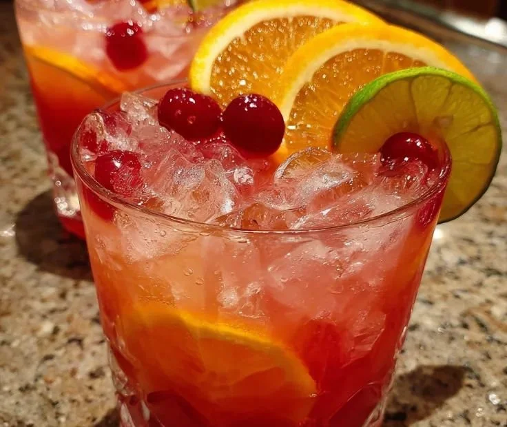 Holiday Rum Punch served in a festive glass with seasonal decorations
