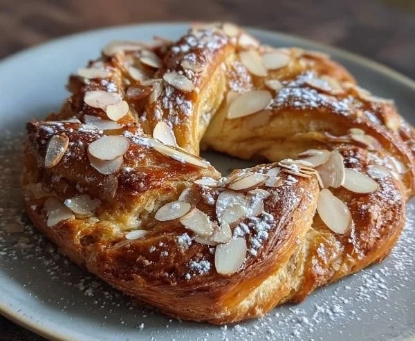 Freshly baked homemade almond kringle on a plate, drizzled with icing.