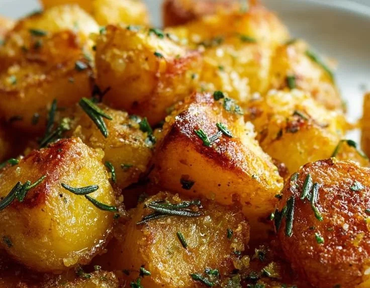 Bowl of homemade crispy roast potatoes, golden and perfectly seasoned.