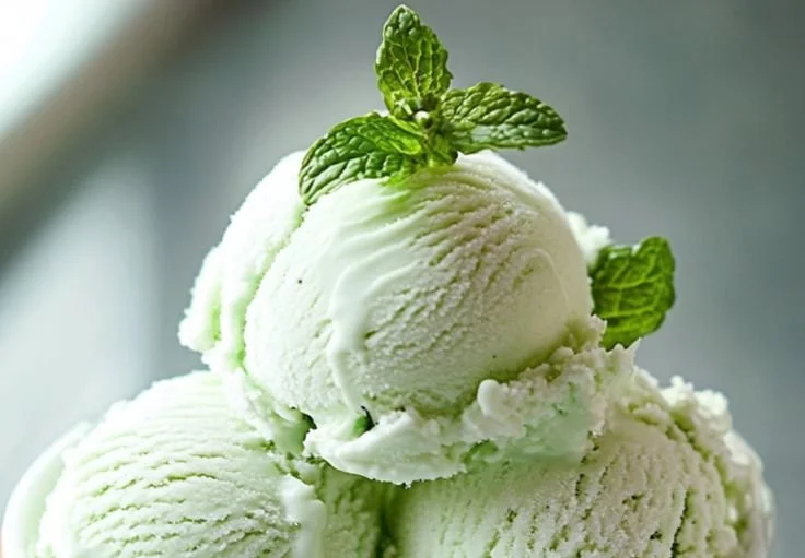 Bowl of homemade mint ice cream with fresh mint leaves on top