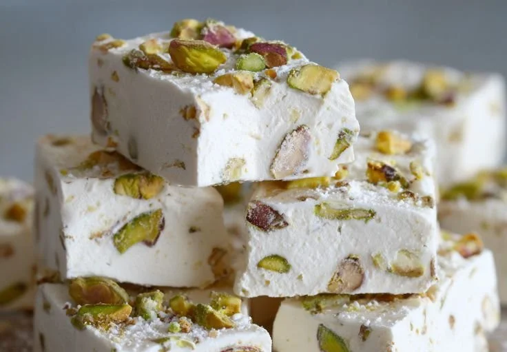 Homemade soft and chewy pistachio nougat recipe with nuts