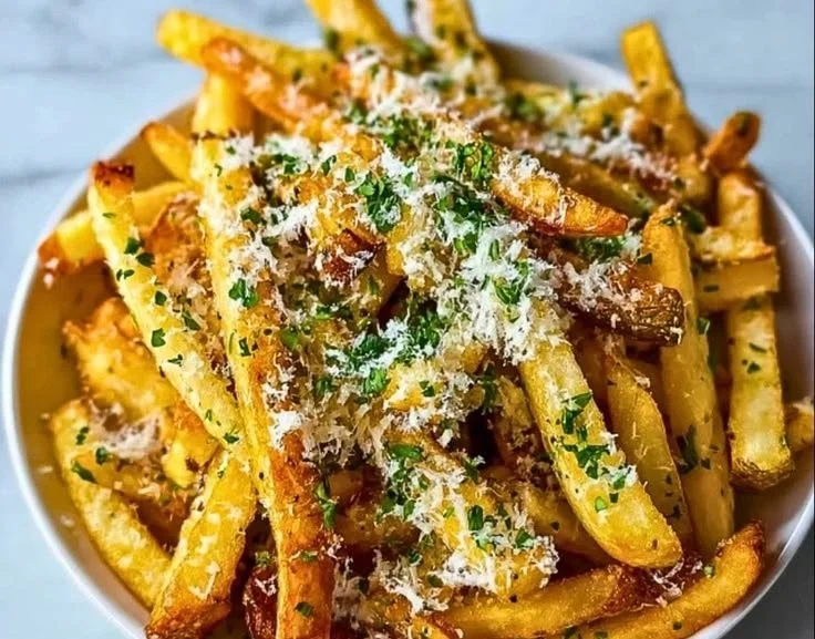 Delicious homemade truffle fries with Parmesan cheese topping.