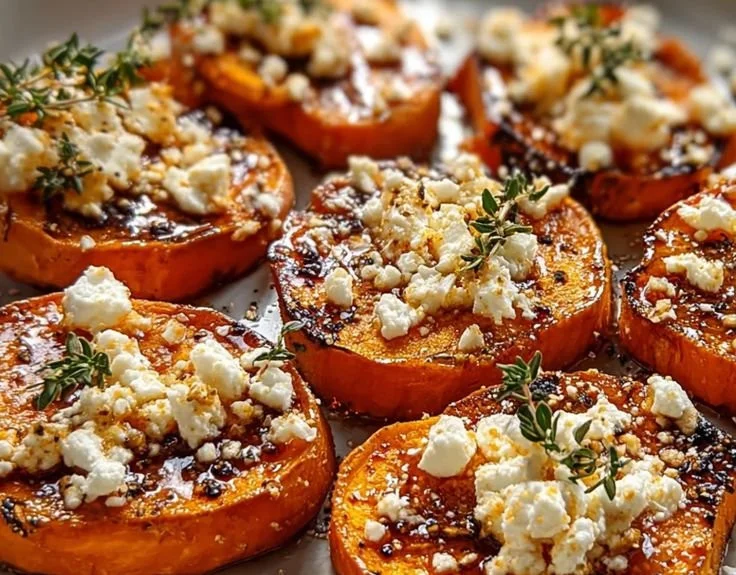 Delicious Honey Feta Sweet Potato Rounds garnished with herbs